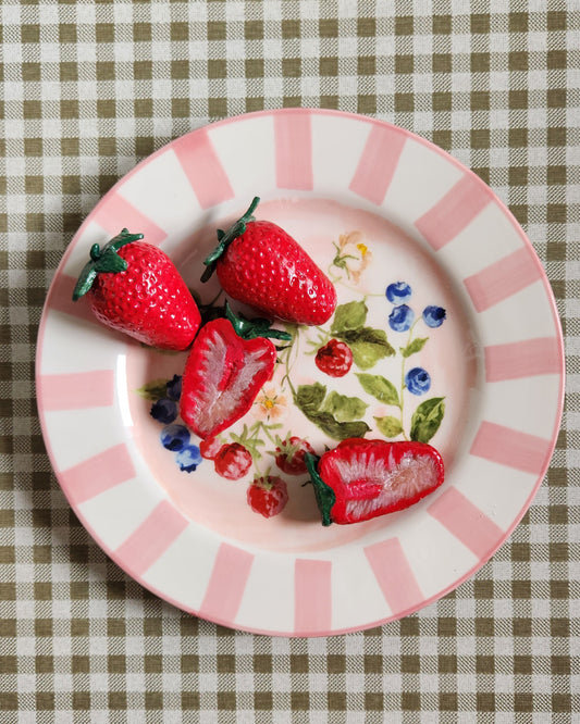 "Berry Sweet Breakfast"— Handcrafted Food Sculpture ON PLATE / Fake Food Plate Wall / Strawberries